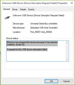 unknown usb device device descriptor request failed