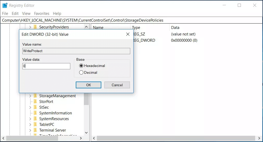 remove write protection on USB via Registry Editor