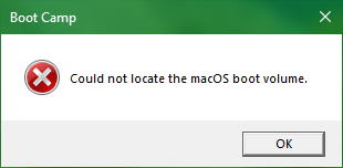 Bootcamp could not locate the macOS boot volume